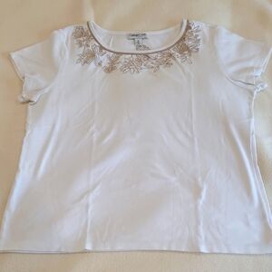 White w/Tan Embellished Short Sleeve T-Shirt